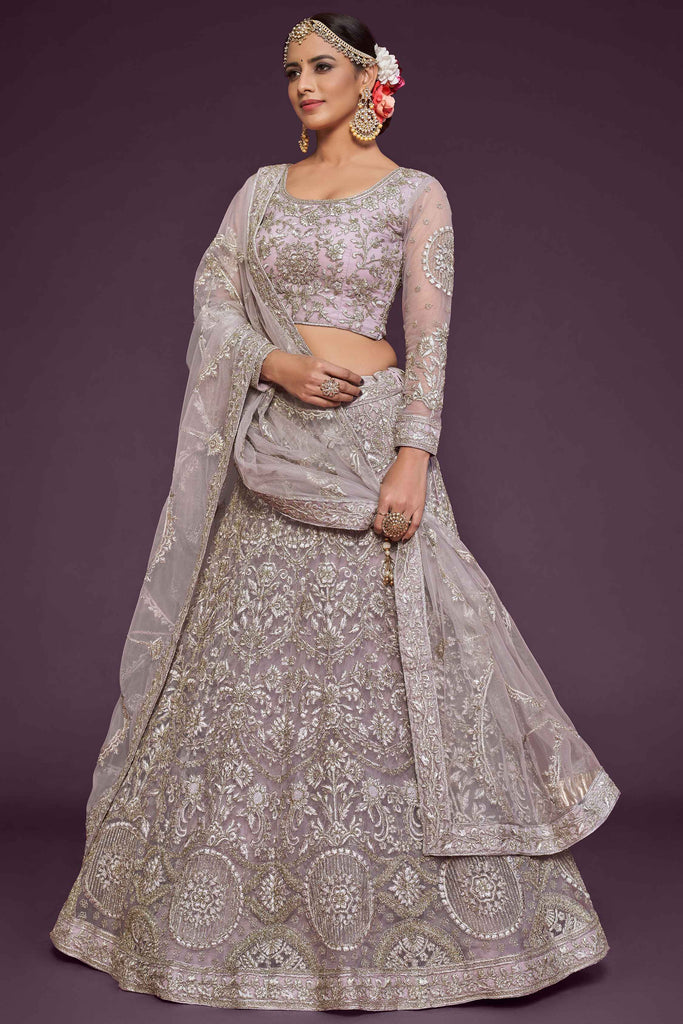 Beautiful Lilac Embroidered Soft Net Wedding Wear Lehenga Choli