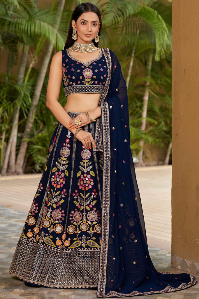 Fabulous Navy-Blue Multi-Thread Embroidered Georgette Lehenga Choli