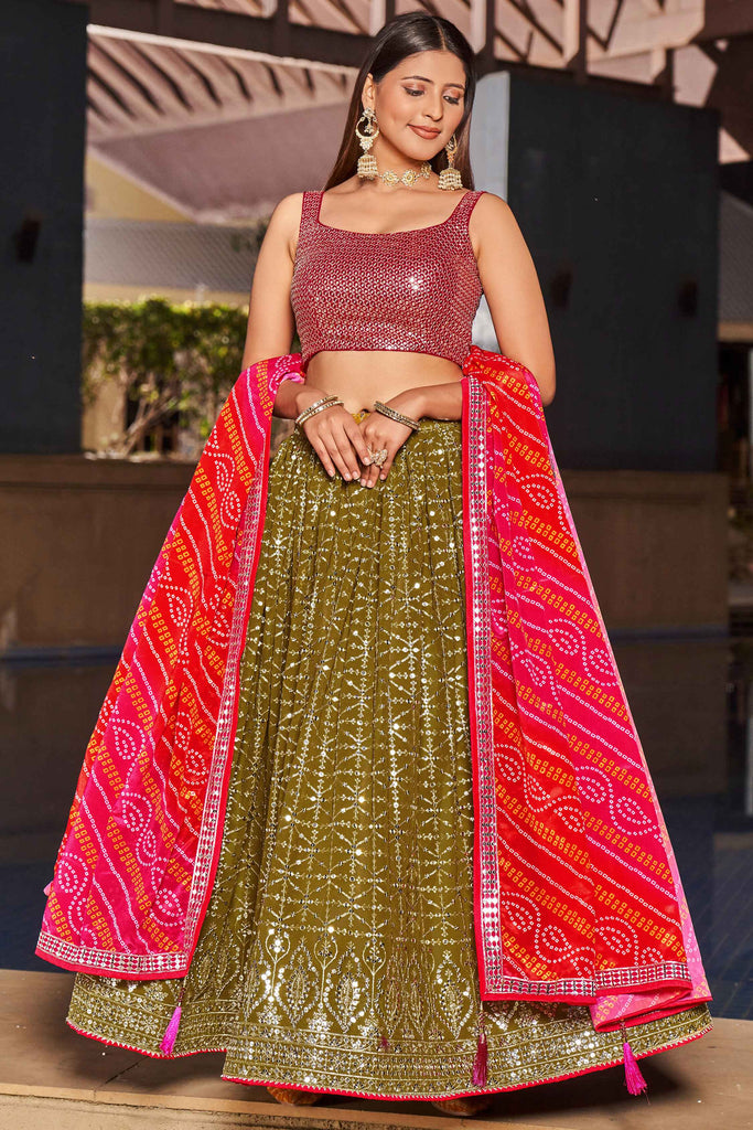 Tempting Olive Green Sequins Georgette Event Wear Lehenga Choli