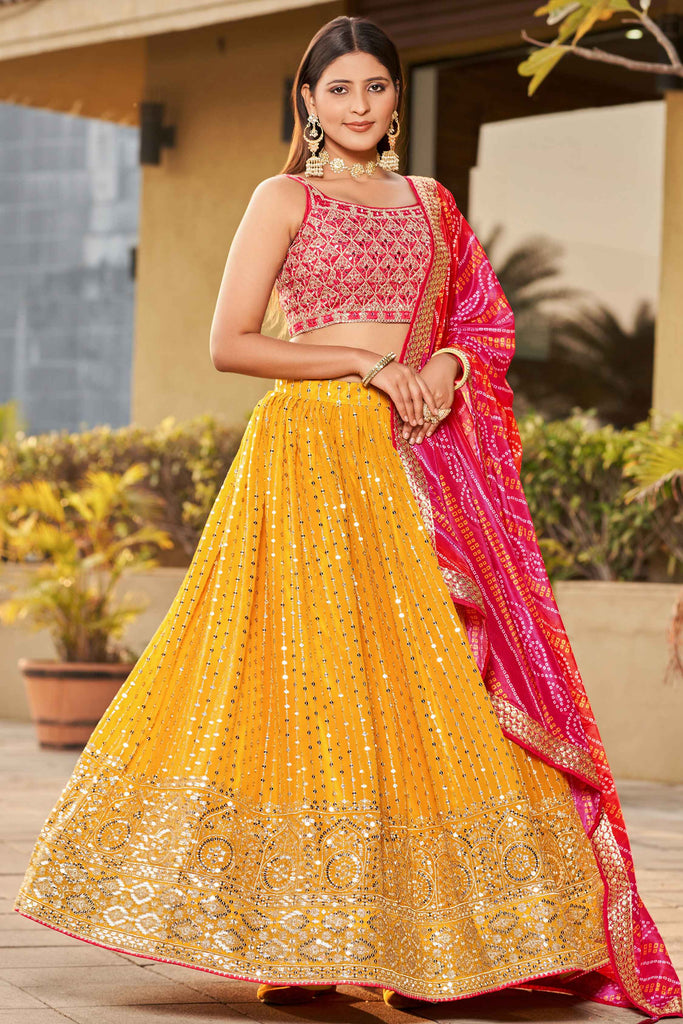 Delightful Yellow Sequins Georgette Haldi Wear Lehenga Choli