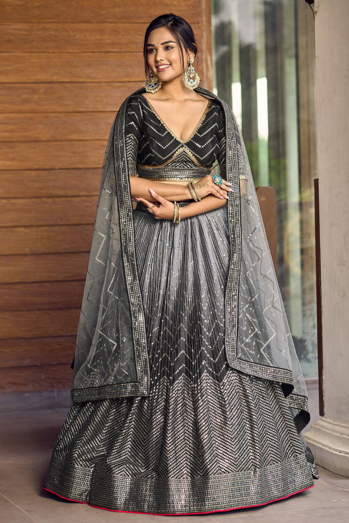 Attractive Black Sequins Chinon Reception Wear Lehenga Choli