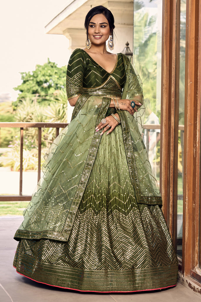 Amazing Green Sequins Chinon Mehendi Wear Lehenga Choli