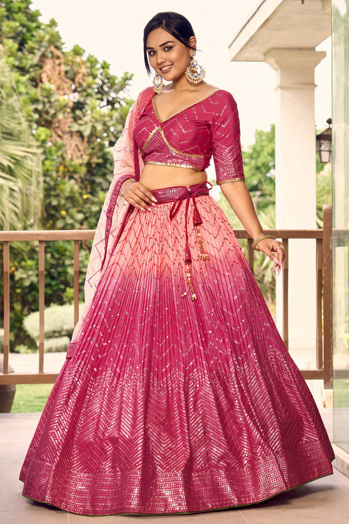 Majestic Pink Sequins Chinon Wedding Lehenga Choli With Dupatta