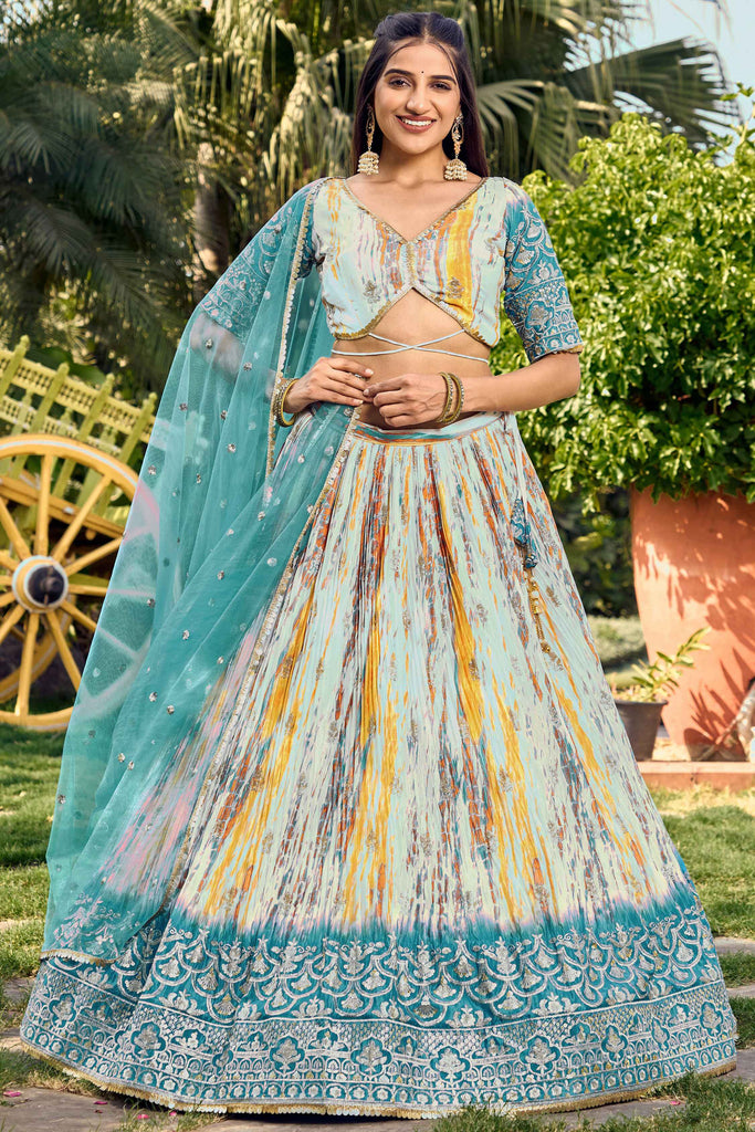 Wonderful White & Blue Shibori Printed Chinon Event Wear Lehenga Choli