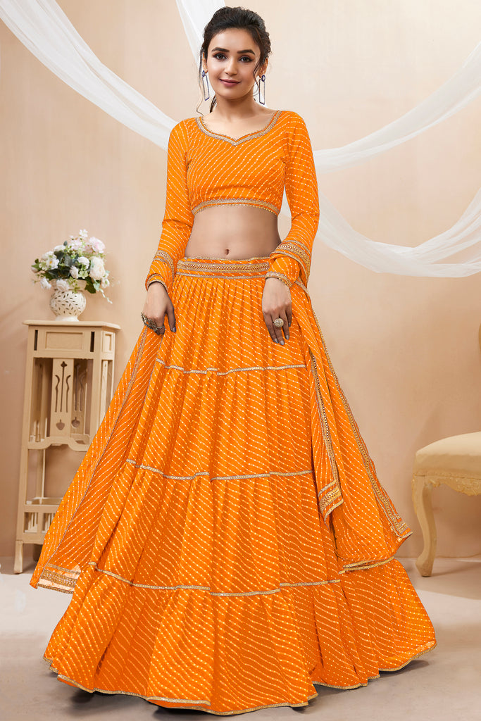 Adorable Yellow Leheriya Printed Georgette Haldi Wear Lehenga Choli