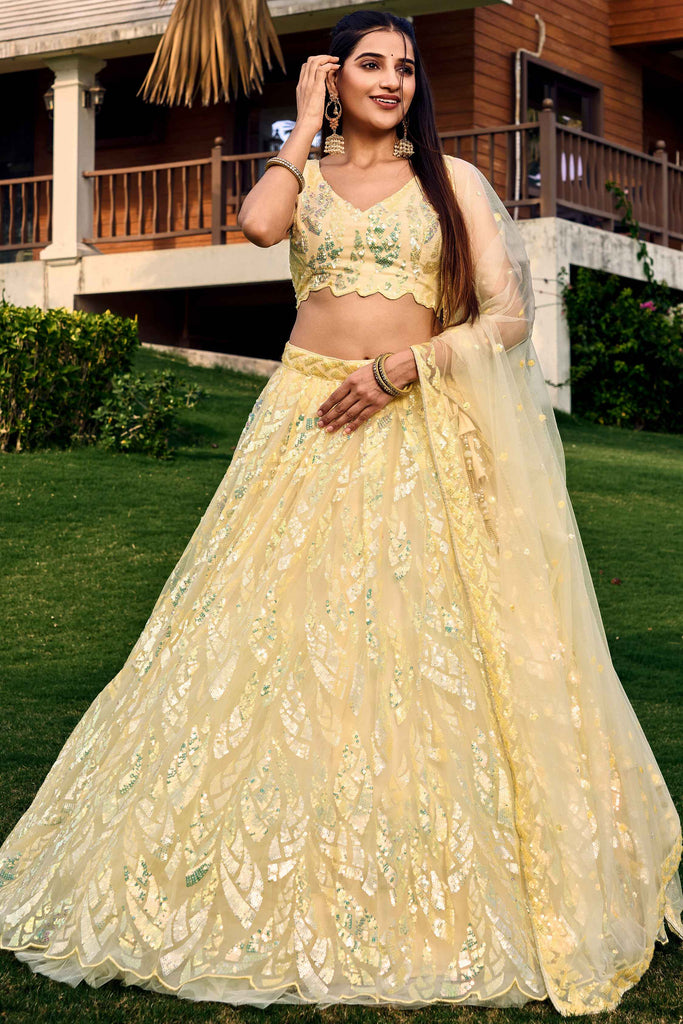 Adorable Yellow Sequins Net Haldi Wear Lehenga Choli With Dupatta