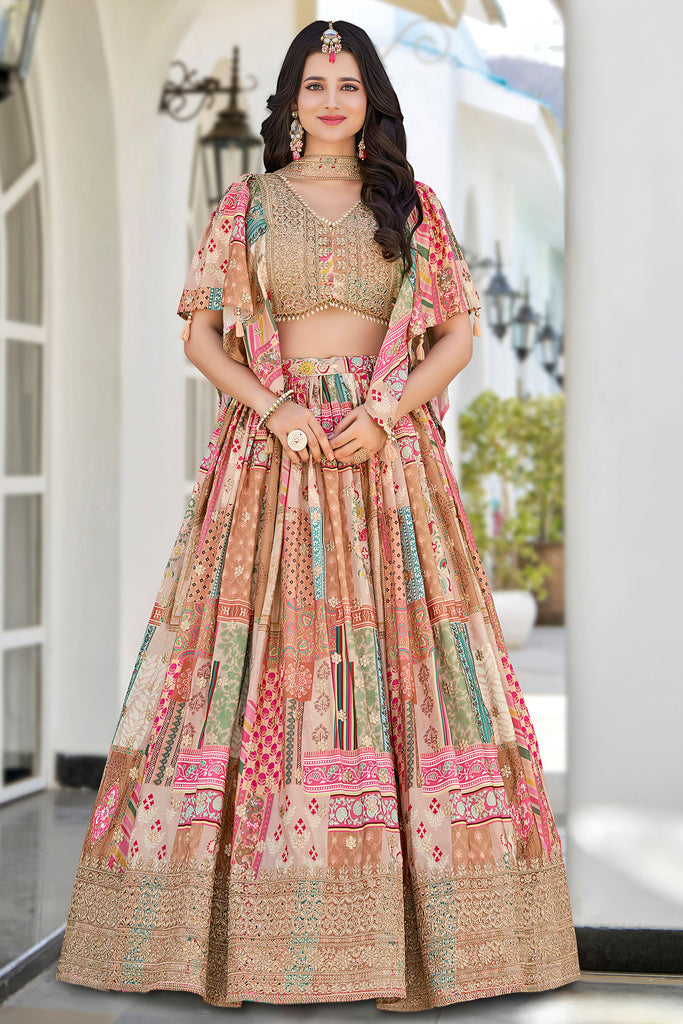 Amazing Beige Digital Printed Chinon Lehenga Choli With Dupatta