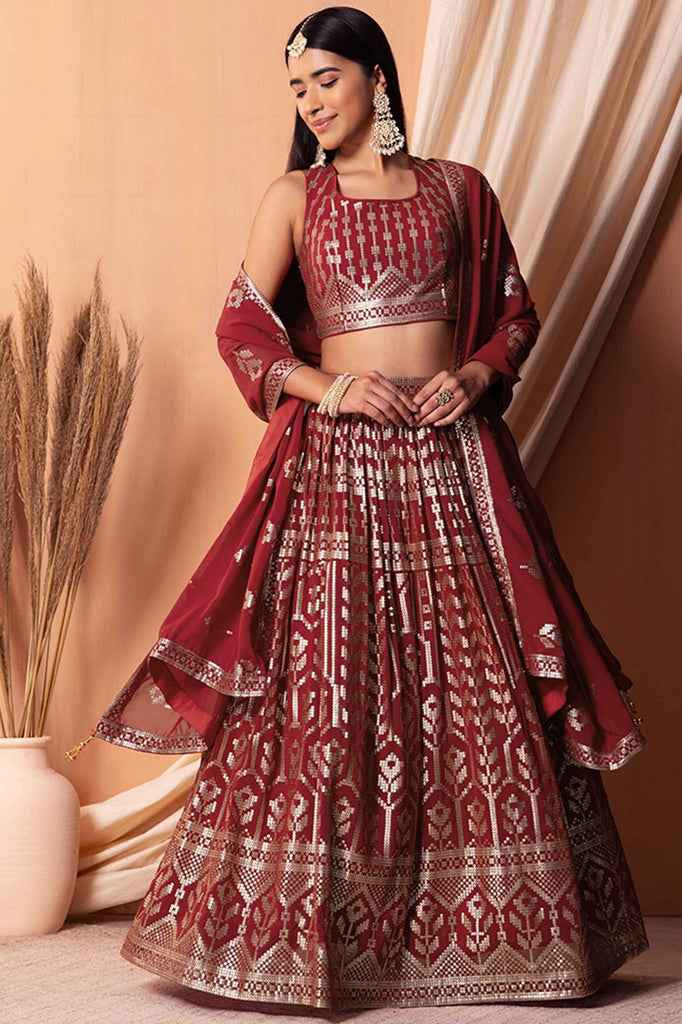 Amazing Maroon Sequins Georgette Party Wear Lehenga Choli With Dupatta