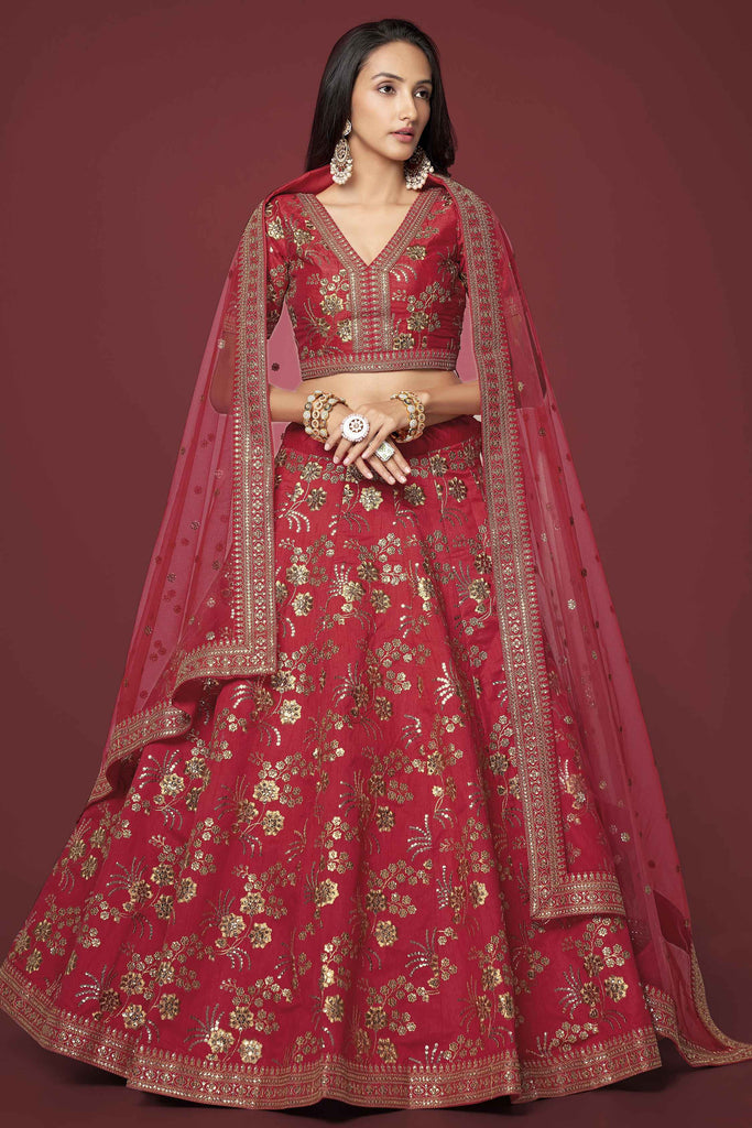 Wonderful Red Embroidered Silk Traditional Lehenga Choli With Blouse