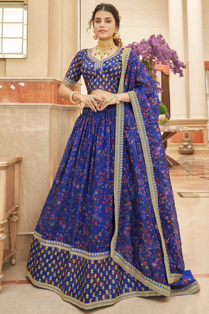 Ravishing Blue Digital Printed Organza Engagement Wear Lehenga Choli