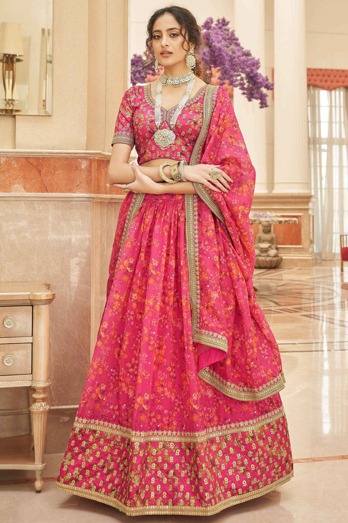 Attractive Pink Floral Printed Organza Wedding Wear Lehenga Choli