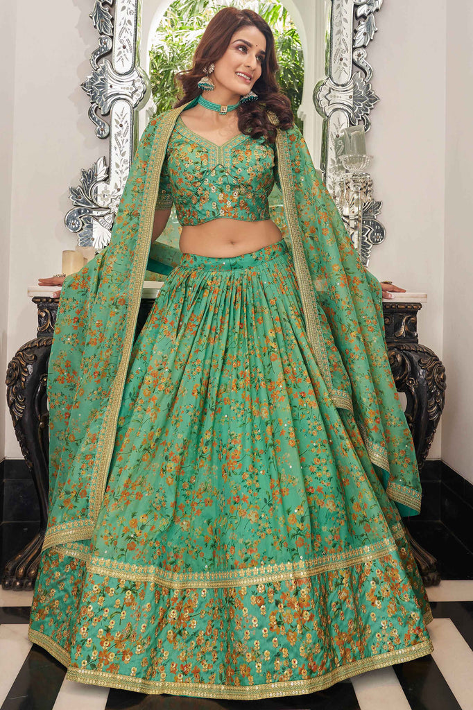 Alluring Green Floral Printed Organza Mehendi Wear Lehenga Choli