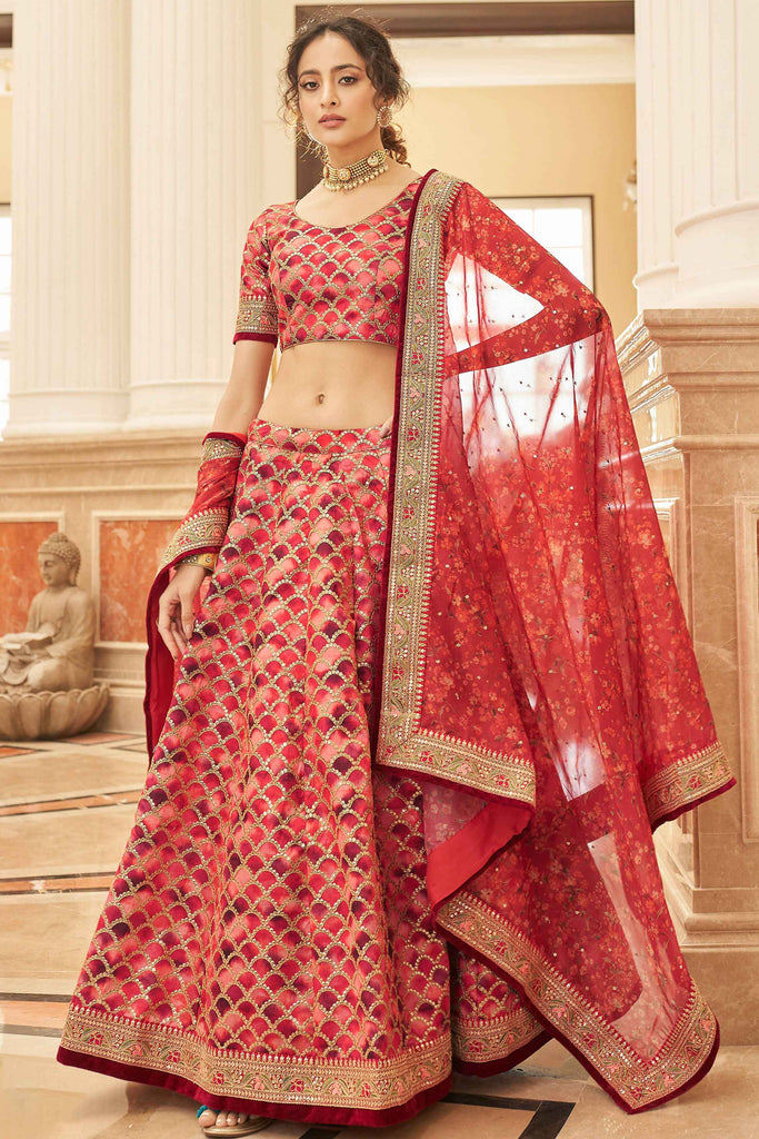 Amazing Red Embroidered Art Silk Sangeet Wear Lehenga Choli