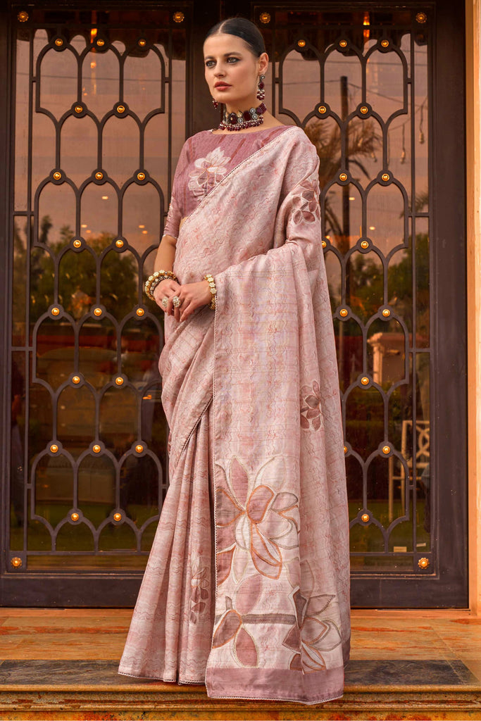 Charming Dusty Pink Printed Silk Festival Wear Saree With Blouse