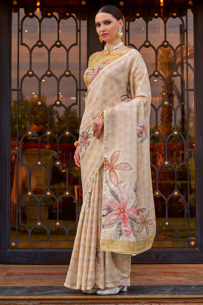 Gorgeous Off-White Printed Silk Festival Wear Saree With Blouse