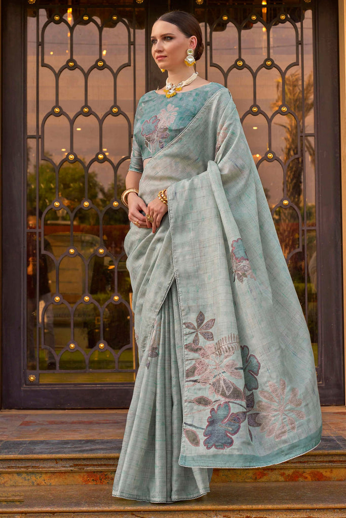 Captivating Sky Blue Printed Silk Traditiomal Saree With Blouse