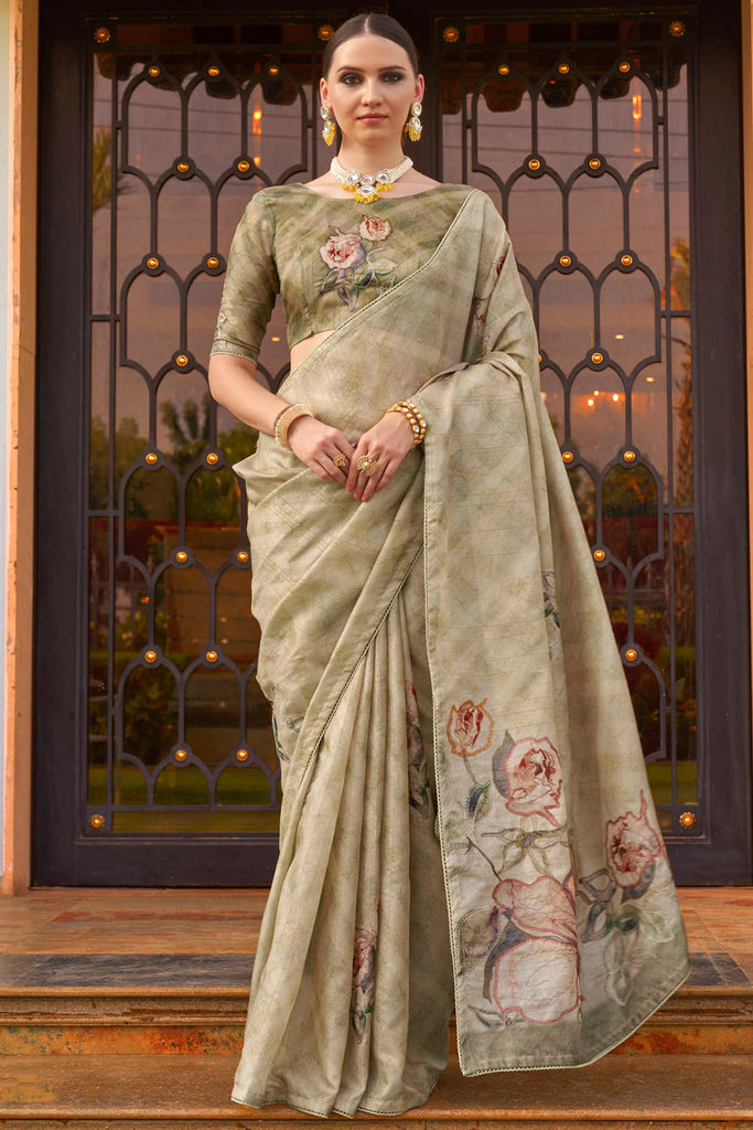 Dazzling Olive Green Printed Silk Event Wear Saree With Blouse