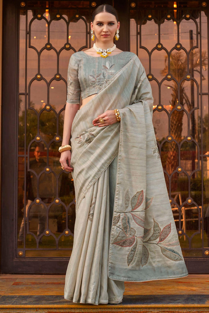 Marvelous Grey Printed Silk festival Wear Saree With Blouse