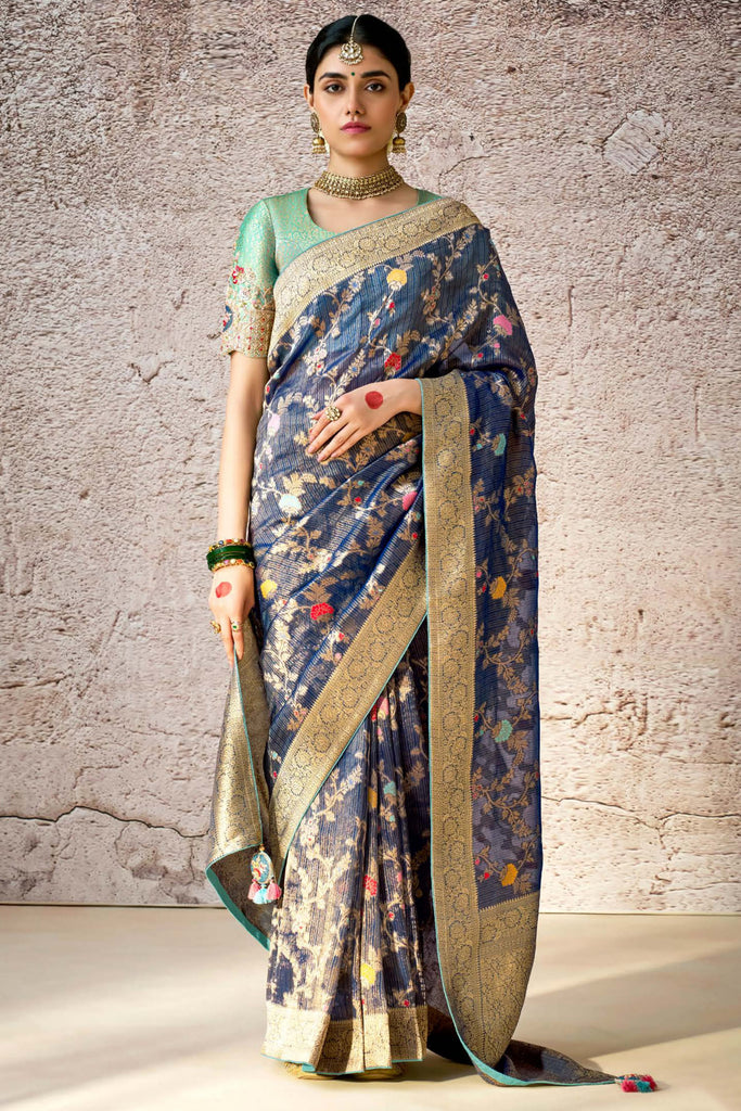 Attractive Navy Blue Zari Weaving Silk Event Wear Saree With Blouse