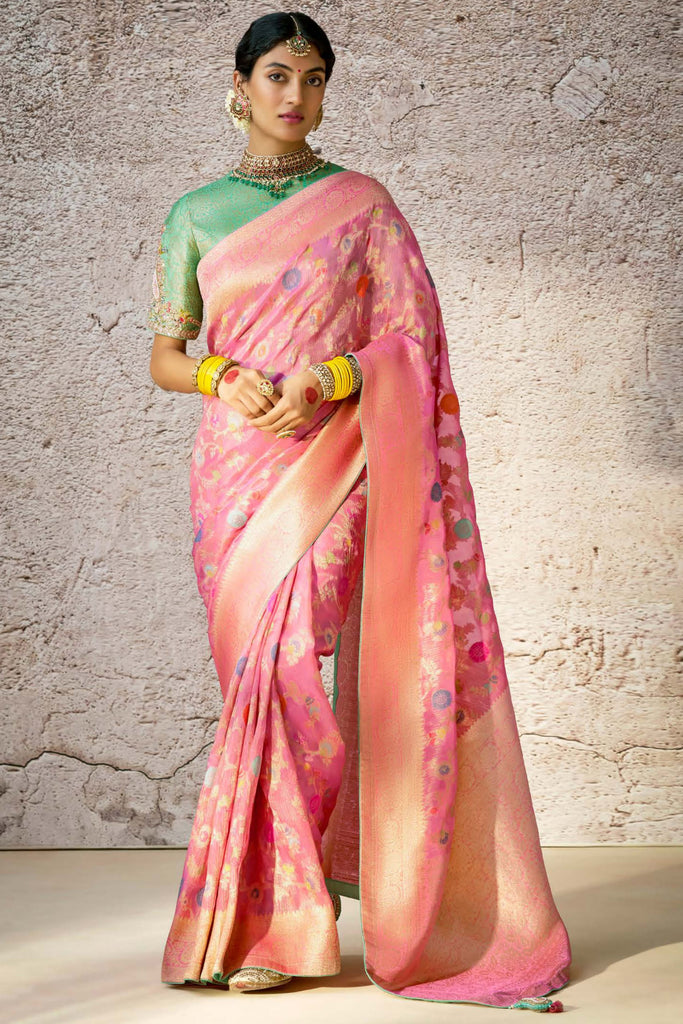 Gorgeous Light Pink Zari Weaving Silk Event Wear Saree With Blouse