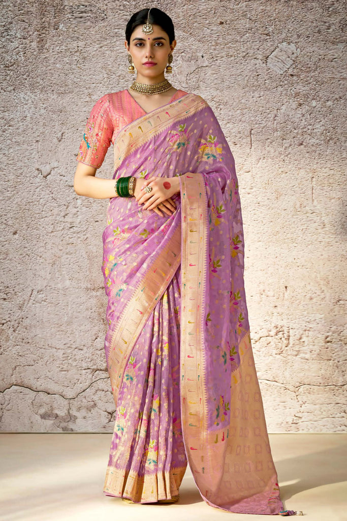 Stunning Lavender Zari Weaving Silk Festival Wear Saree With Blouse