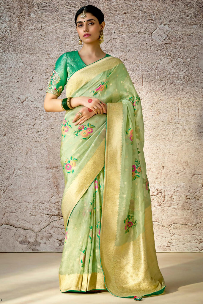 Beautiful Light Green Zari Weaving Silk Wedding Saree With Blouse