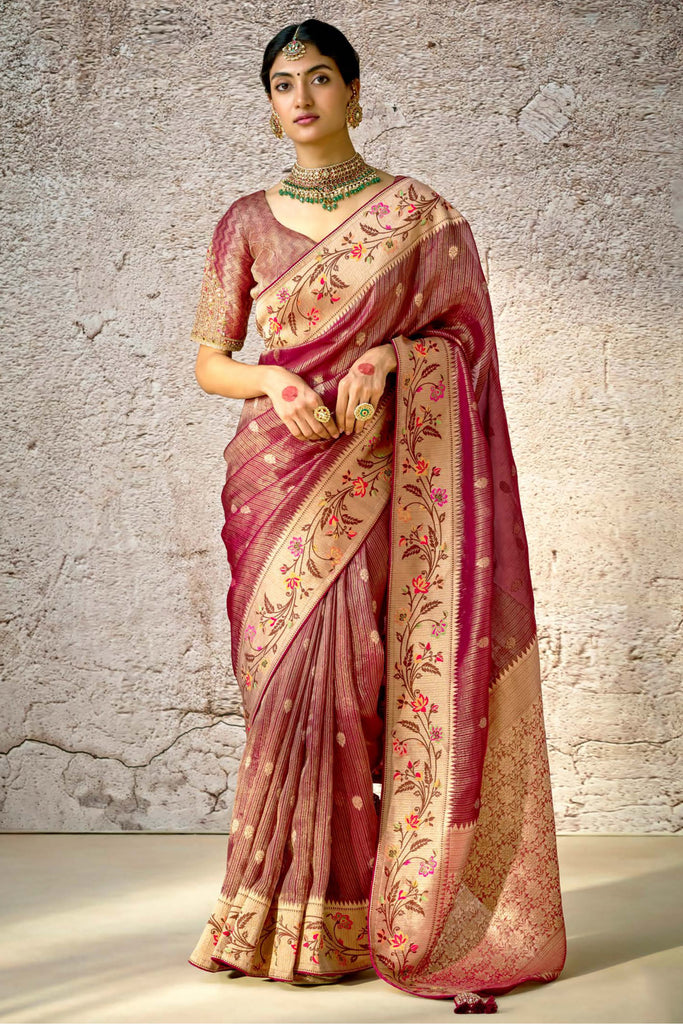 Wonderful Brown Zari Weaving Silk Event Wear Saree With Blouse