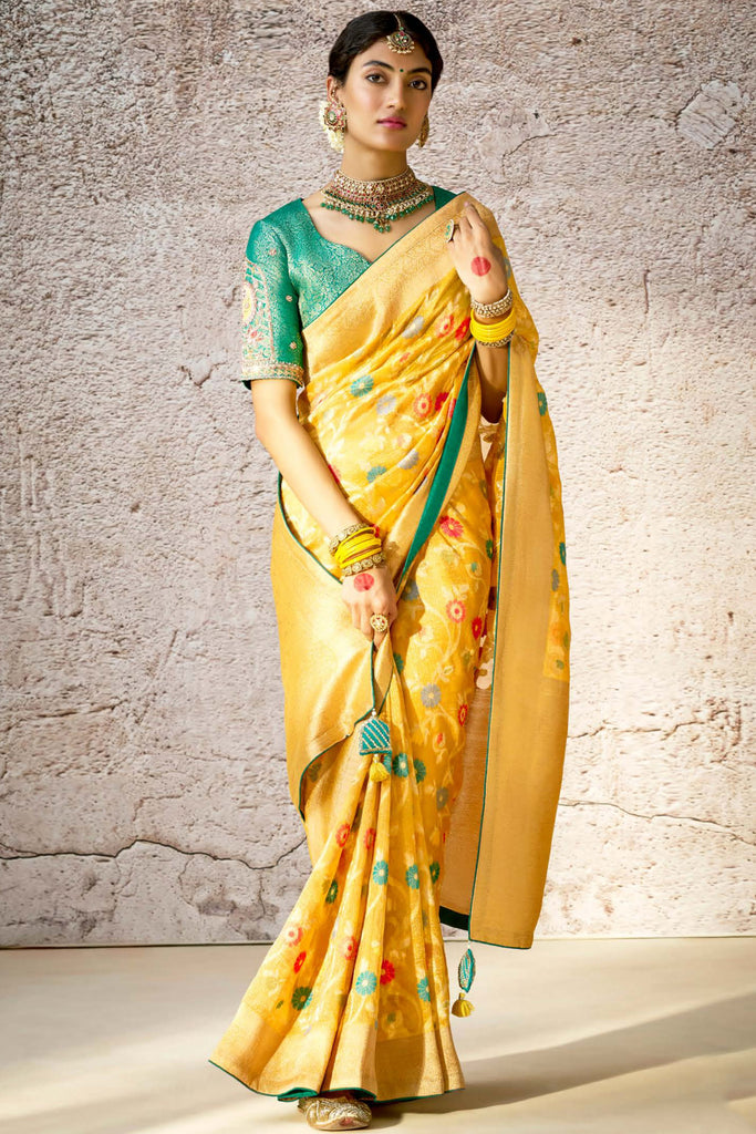 Fantastic Yellow Zari Weaving Silk Haldi Wear Saree With Blouse