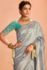 Stunning Grey Color Zari Weaving Silk Function Wear Saree With Blouse