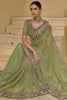 Dazzling Pista Green Thread Work Organza Event Wear Saree With Blouse