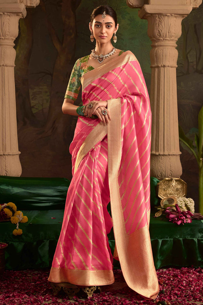 Beautiful Pink Zari Weaving Silk Wedding Wear Saree With Blouse