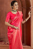 Surprising Coral Red Zari Weaving Banarasi Silk Function Wear Saree