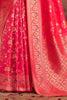 Surprising Coral Red Zari Weaving Banarasi Silk Function Wear Saree