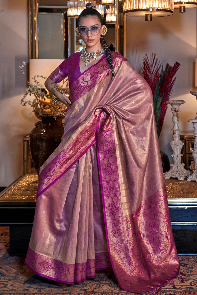 Beautiful Mauve Handwoven Tissue Silk Function Wear Saree With Blouse