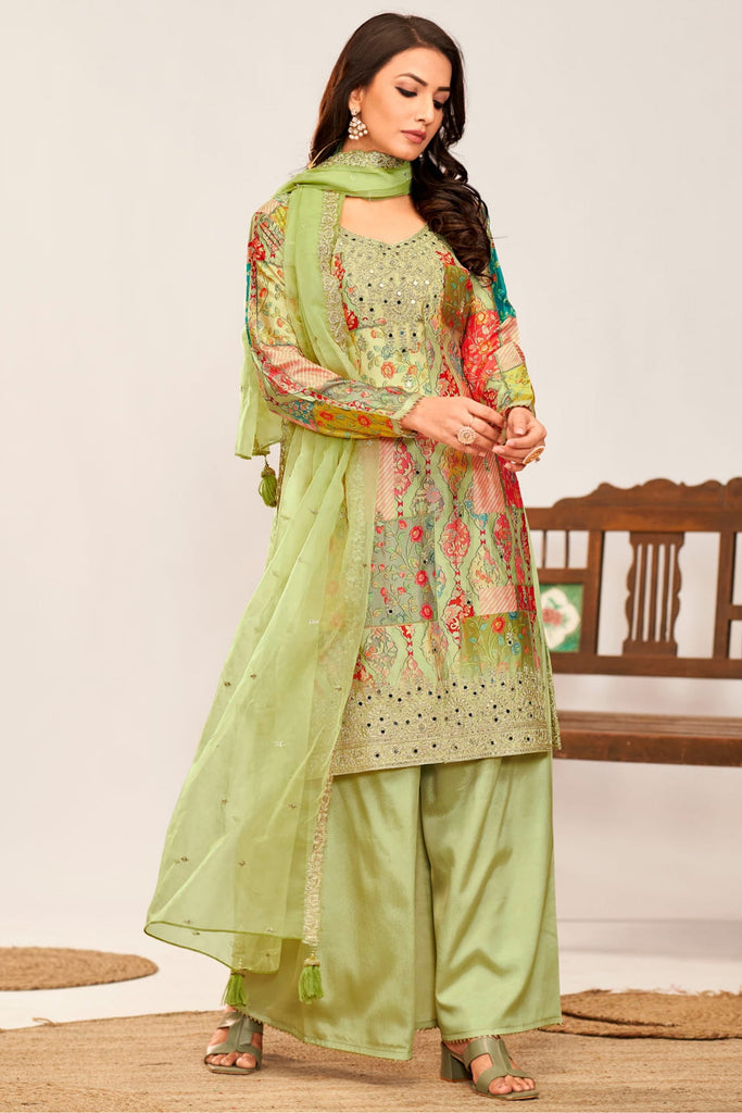 Lovable Pista Green Embroidered Chinon Event Wear Palazzo Suit