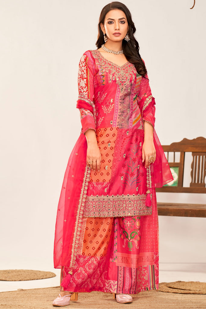 Incredible Pink Embroidered Chinon Traditional Palazzo Suit