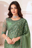 Wonderful Dusty Green Heavy Border Work Georgette Mehendi Wear Saree