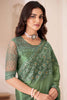 Wonderful Dusty Green Heavy Border Work Georgette Mehendi Wear Saree