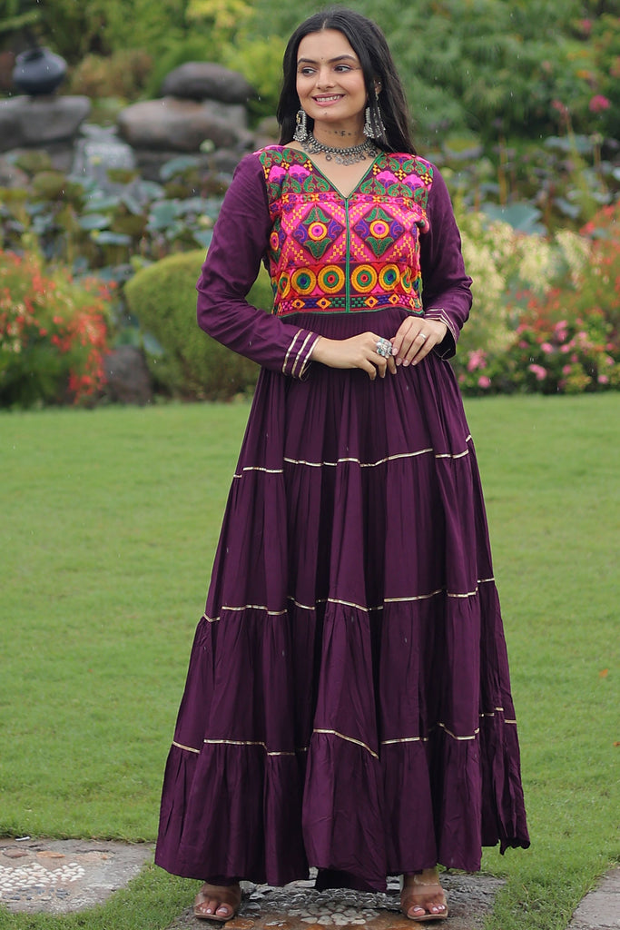 Gorgeous Purple Gamthi Work Rayon Navratri Wear Gown
