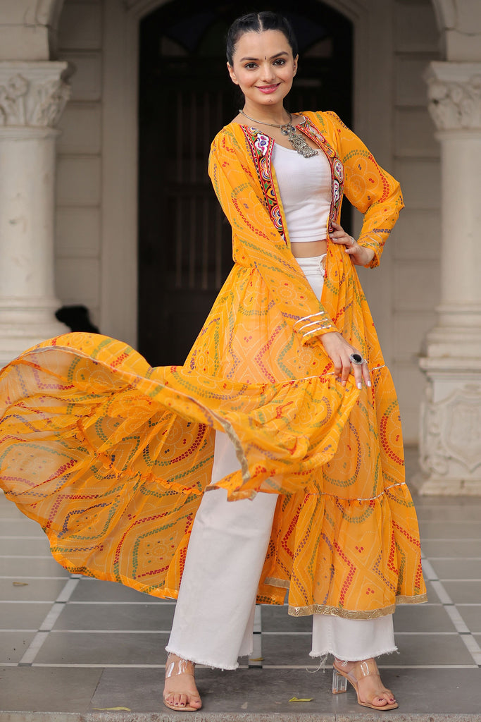 Wonderful Yellow Gamthi Work Georgette Traditional Long Shrug