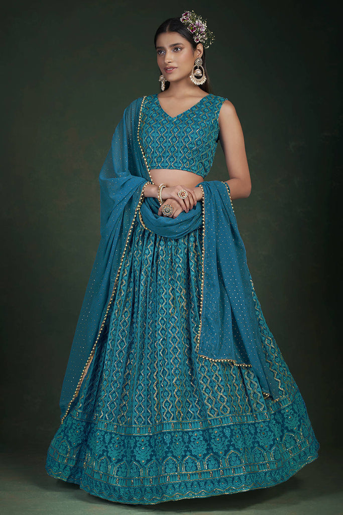 Buy Amrutam Fab Turquoise Blue & Pink Embroidered Thread Work Ready To Wear  Lehenga & Unstitched Blouse With - Lehenga Choli for Women 15126604 | Myntra