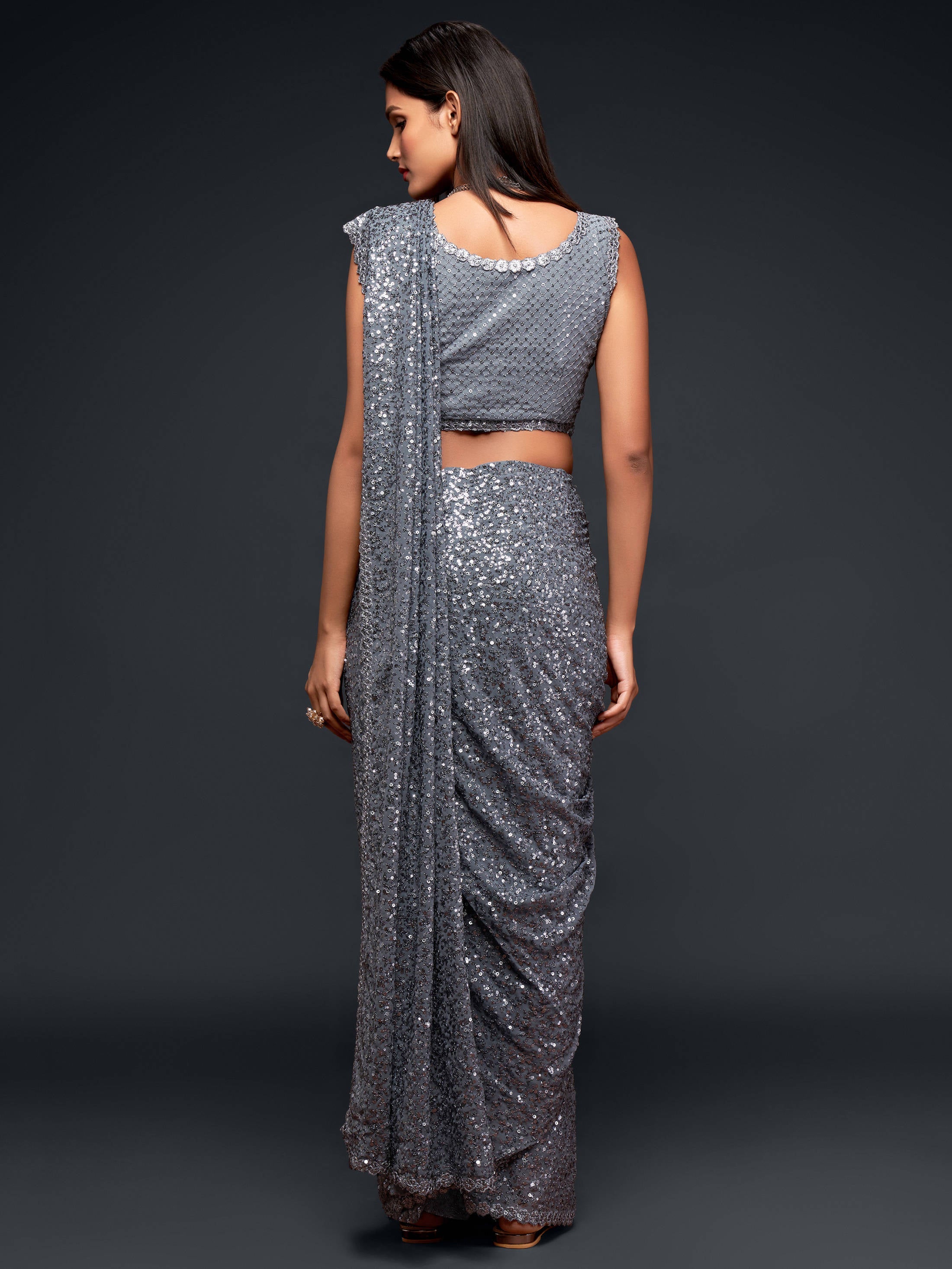 Amazing Slate Grey Sequined Georgette Party Wear Saree