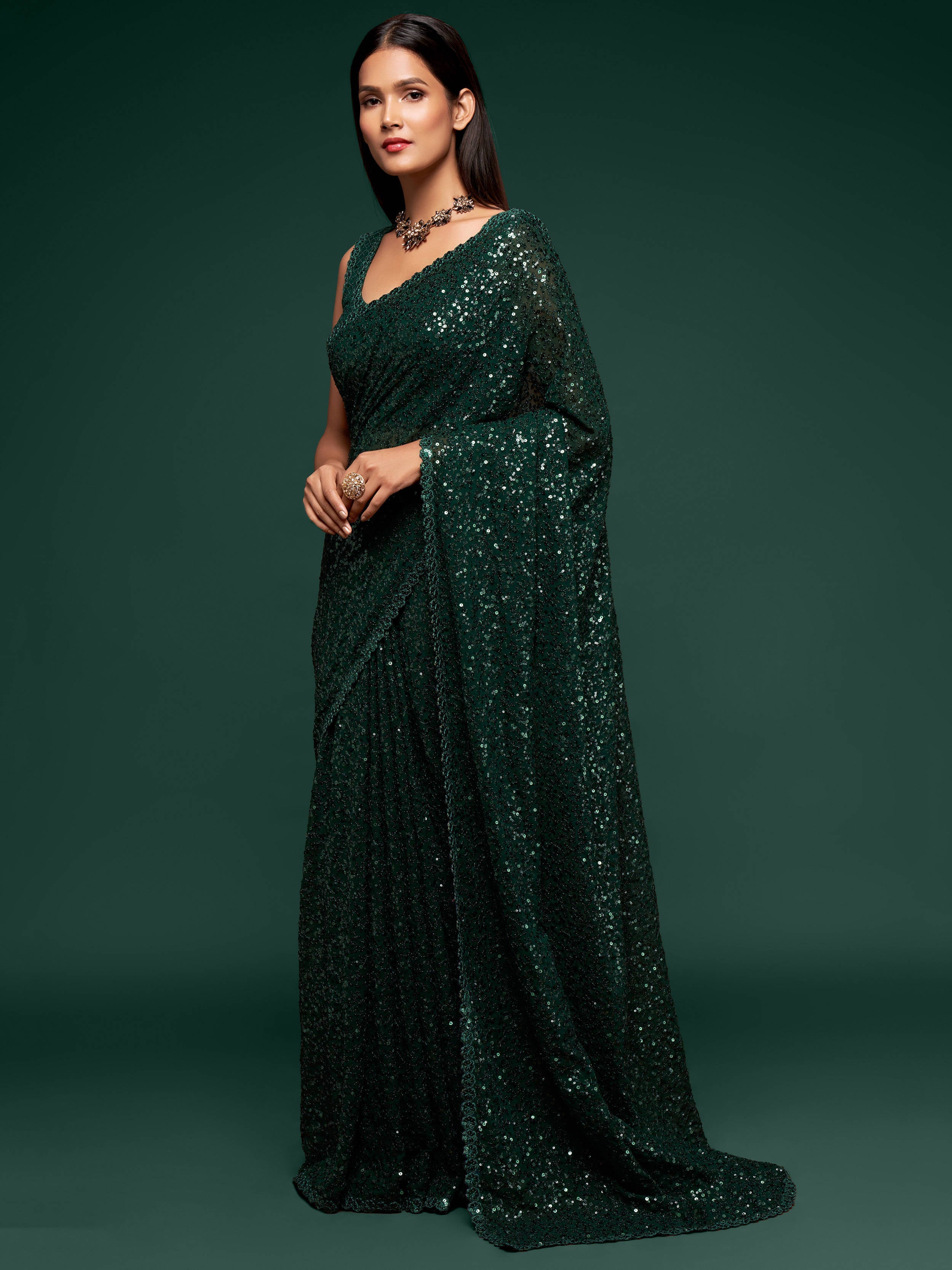 Awesome Deep Green Sequined Georgette Party Wear Saree