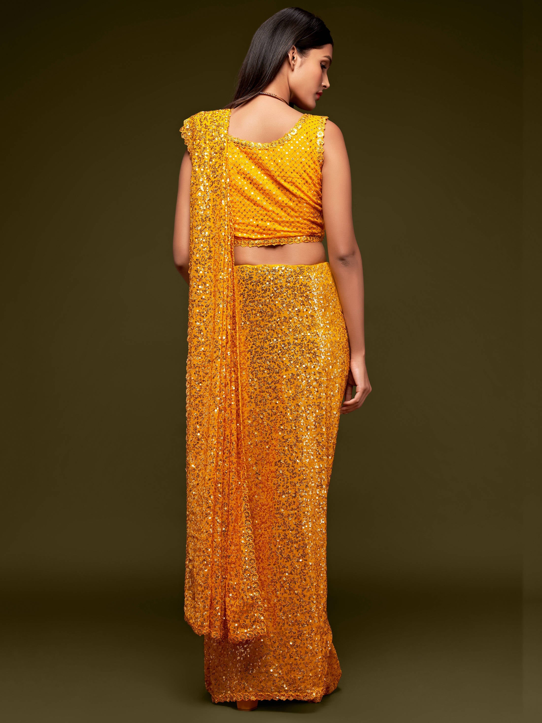 Lovely Honey Yellow Sequined Georgette Party Wear Saree