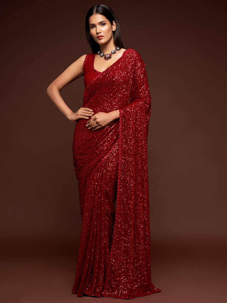 Hot Ruby Red Sequined Georgette Party Wear Saree
