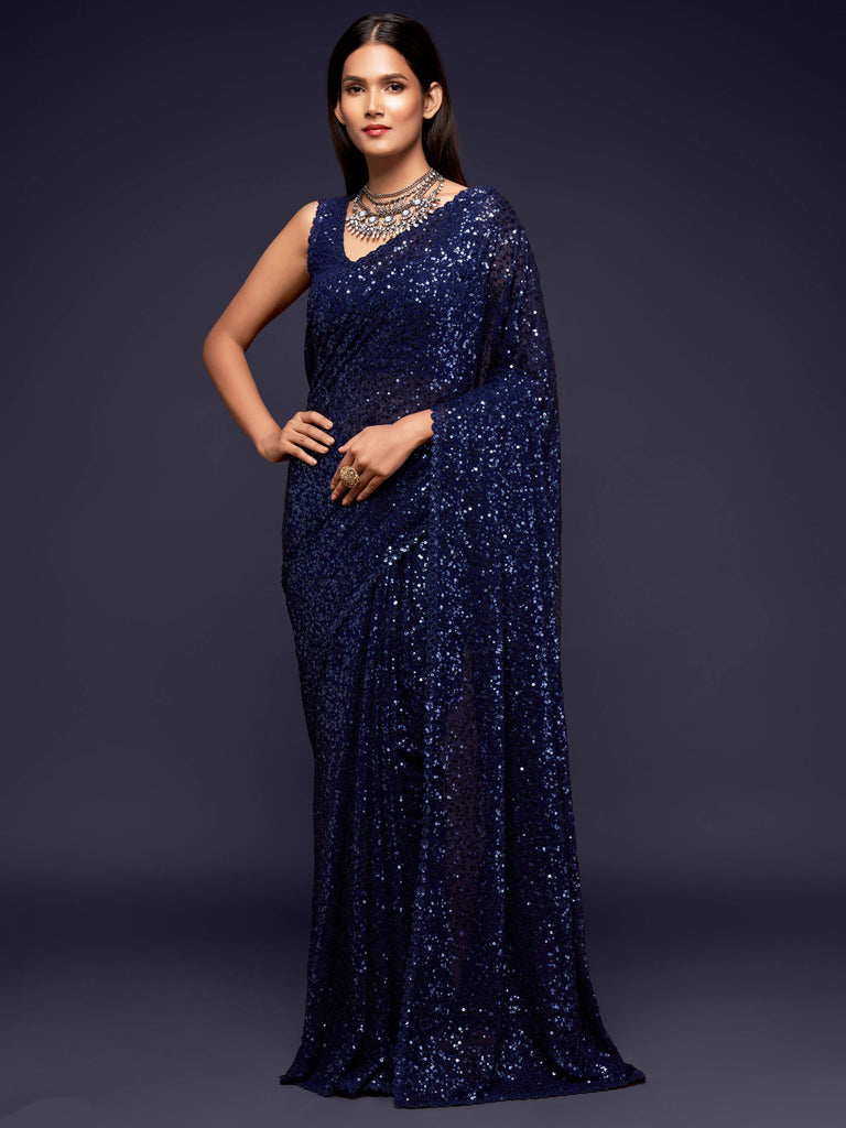 Pretty Blush Blue Sequined Georgette Party Wear Saree