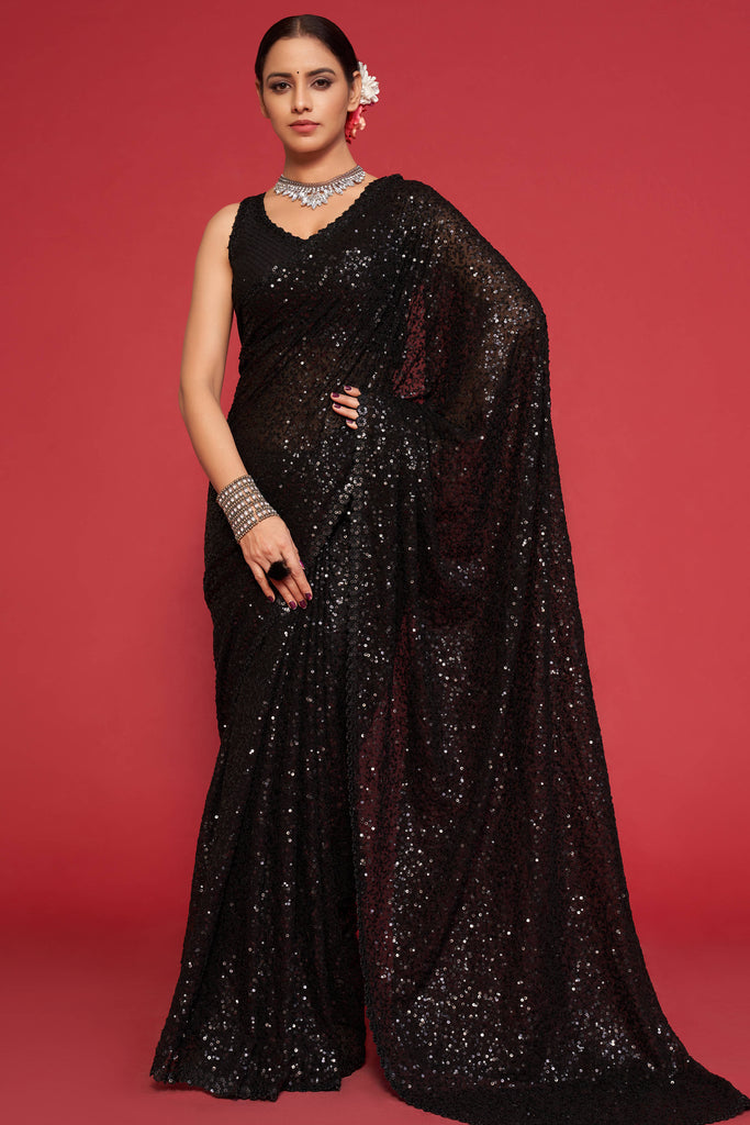 Adorable Black Sequined Georgette Party Wear Saree With Unstitched Blouse