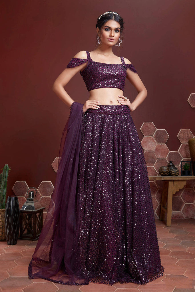 Purple Sequins Work Soft Net Wedding Wear Lehenga Choli