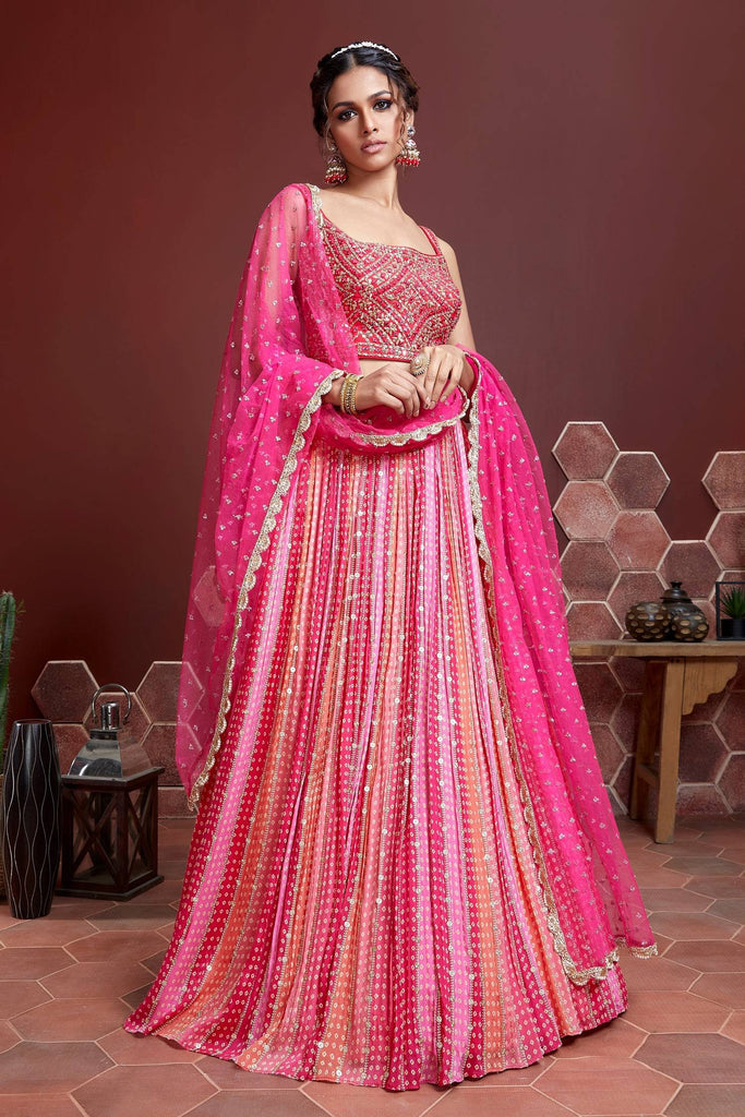Pink Digital Print Sequins Chinon Silk Designer Lehenga With Dupatta