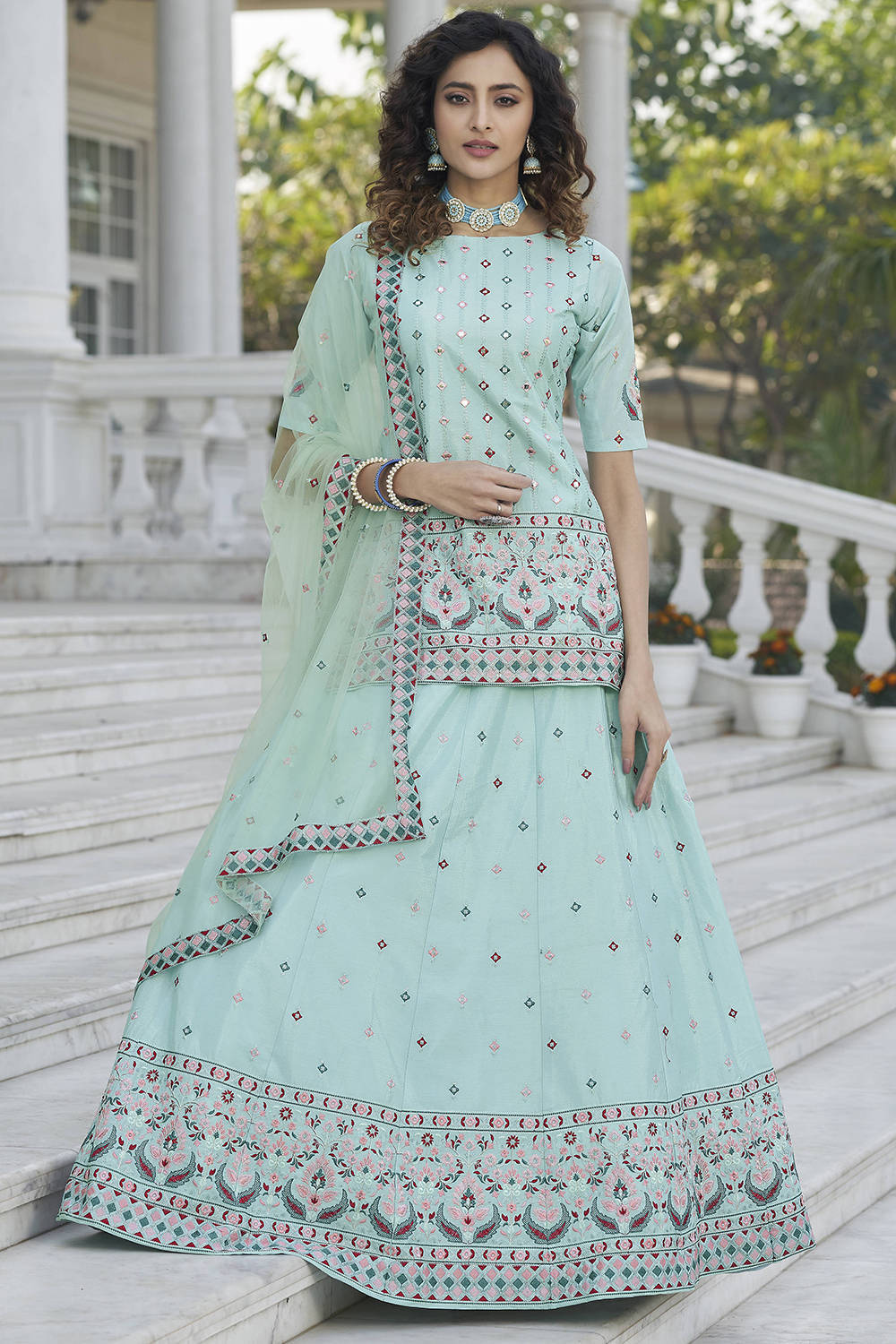 Buy Sky Blue Gota Patti Worked Chinon Long Top Lehenga Choli from